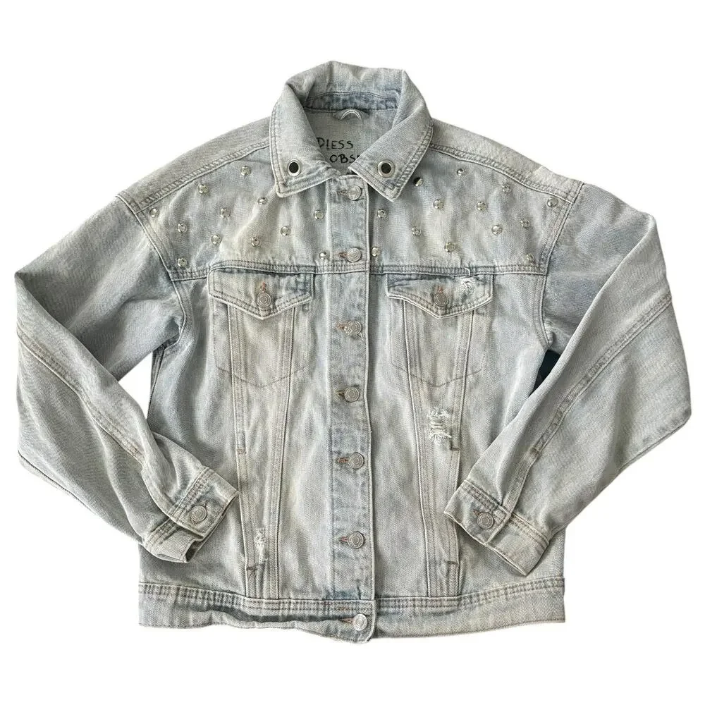 Upcycled Denim Jacket M Angel Cherub Grommet Stud Celestial Punk Boho Retro Blue - Picture 11 of 13
